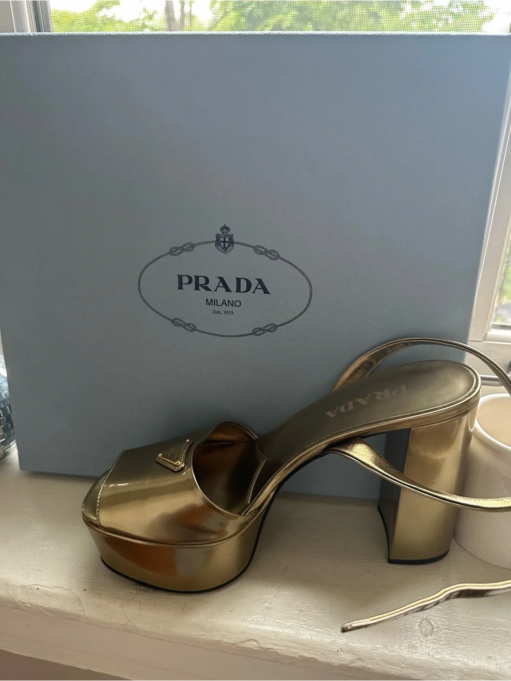 Prada Gold Metallic Platform Ankle-Strap Heels